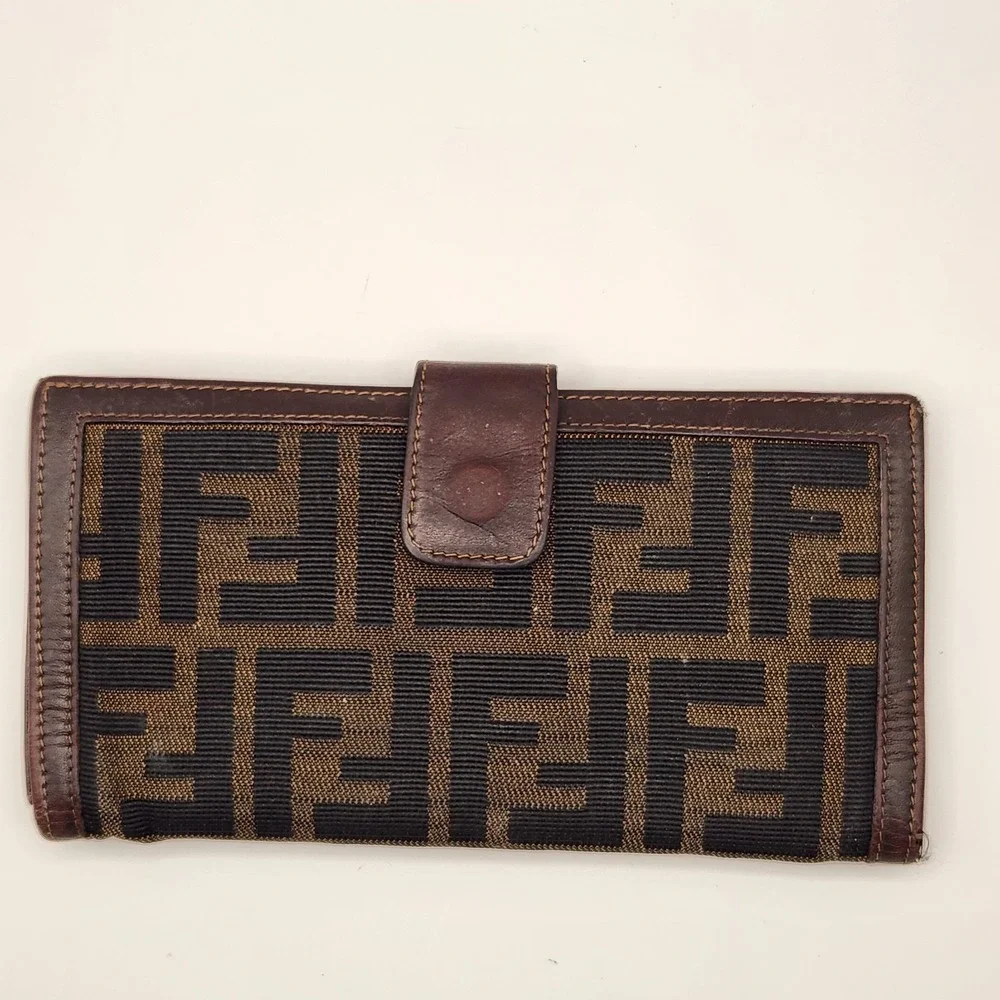 Authentic FENDI Zucca FF Monogram Long Trifold Wallet Brown Tobacco Vintage Rare